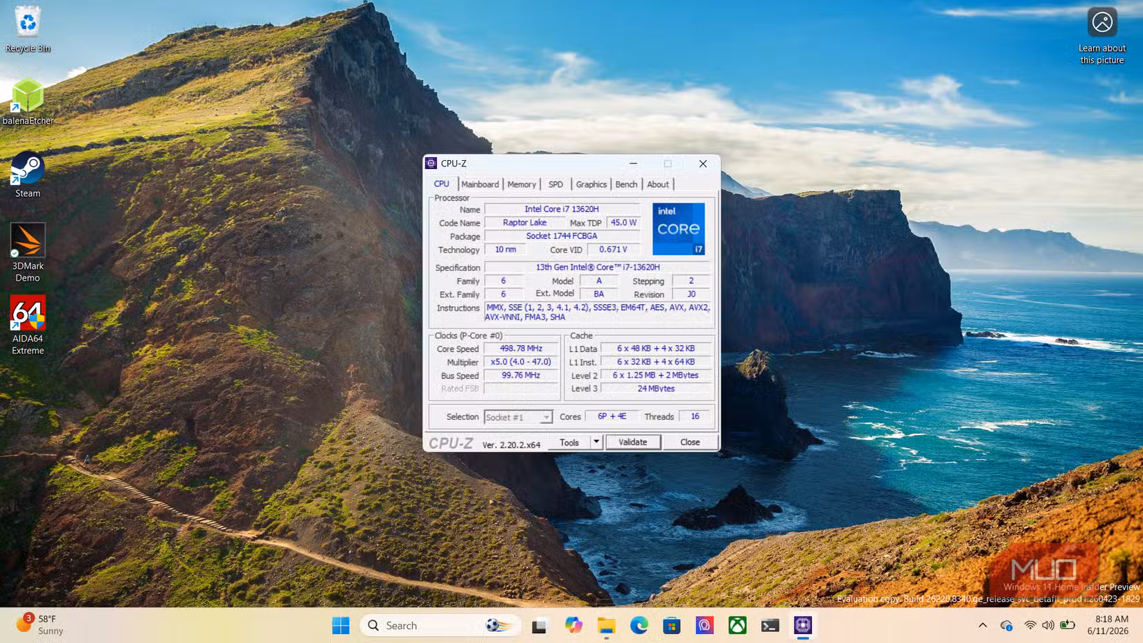 CPU-Z Testing tool on PC