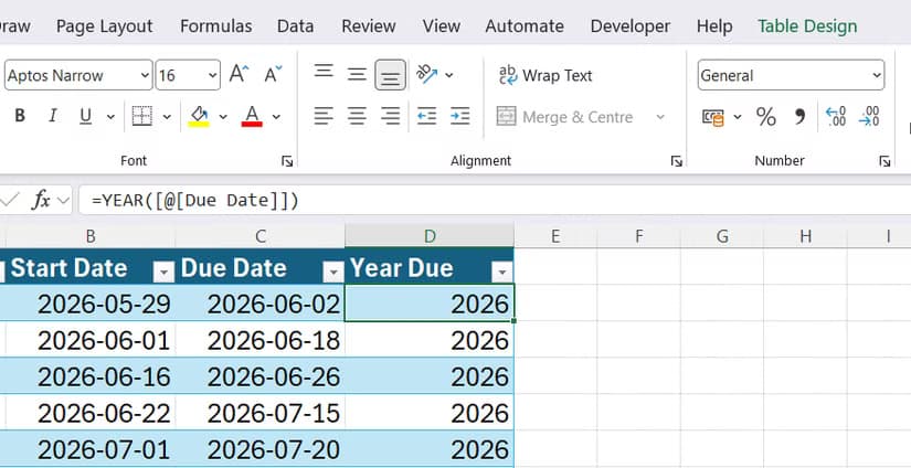 The numeric year component is successfully calculated for every row in the tracking table in Excel.