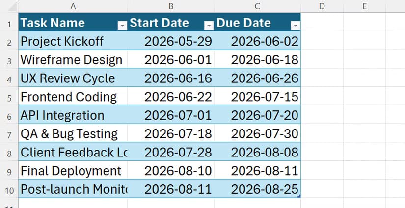 A structured Excel tracking table containing project tasks, start dates, and due dates.
