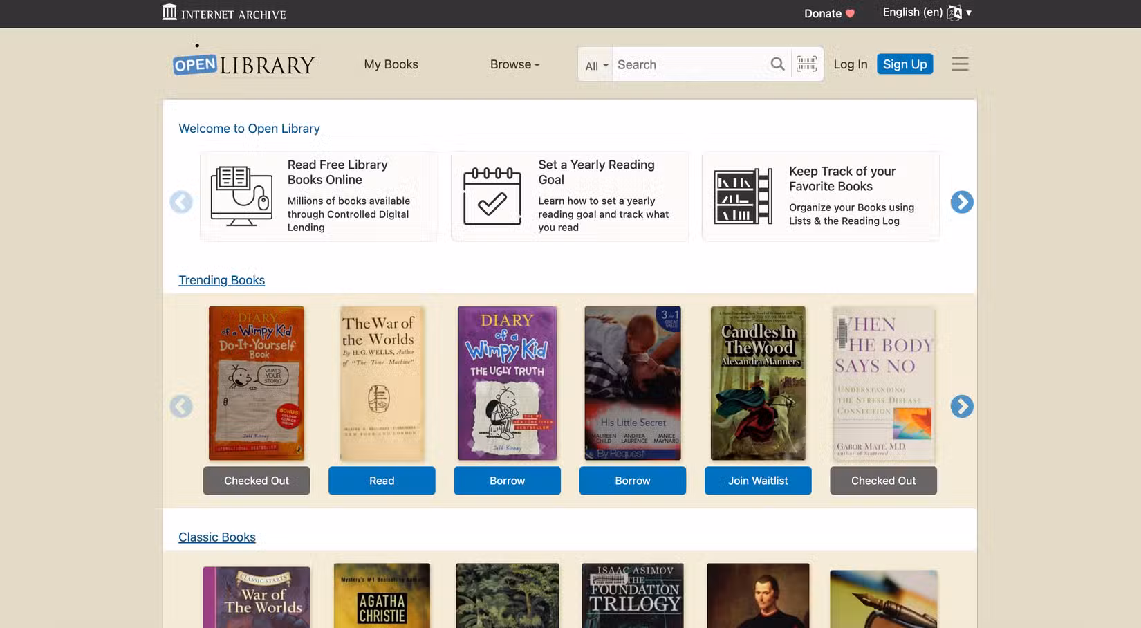 The Open Library from the Internet Archive showing the homepage.