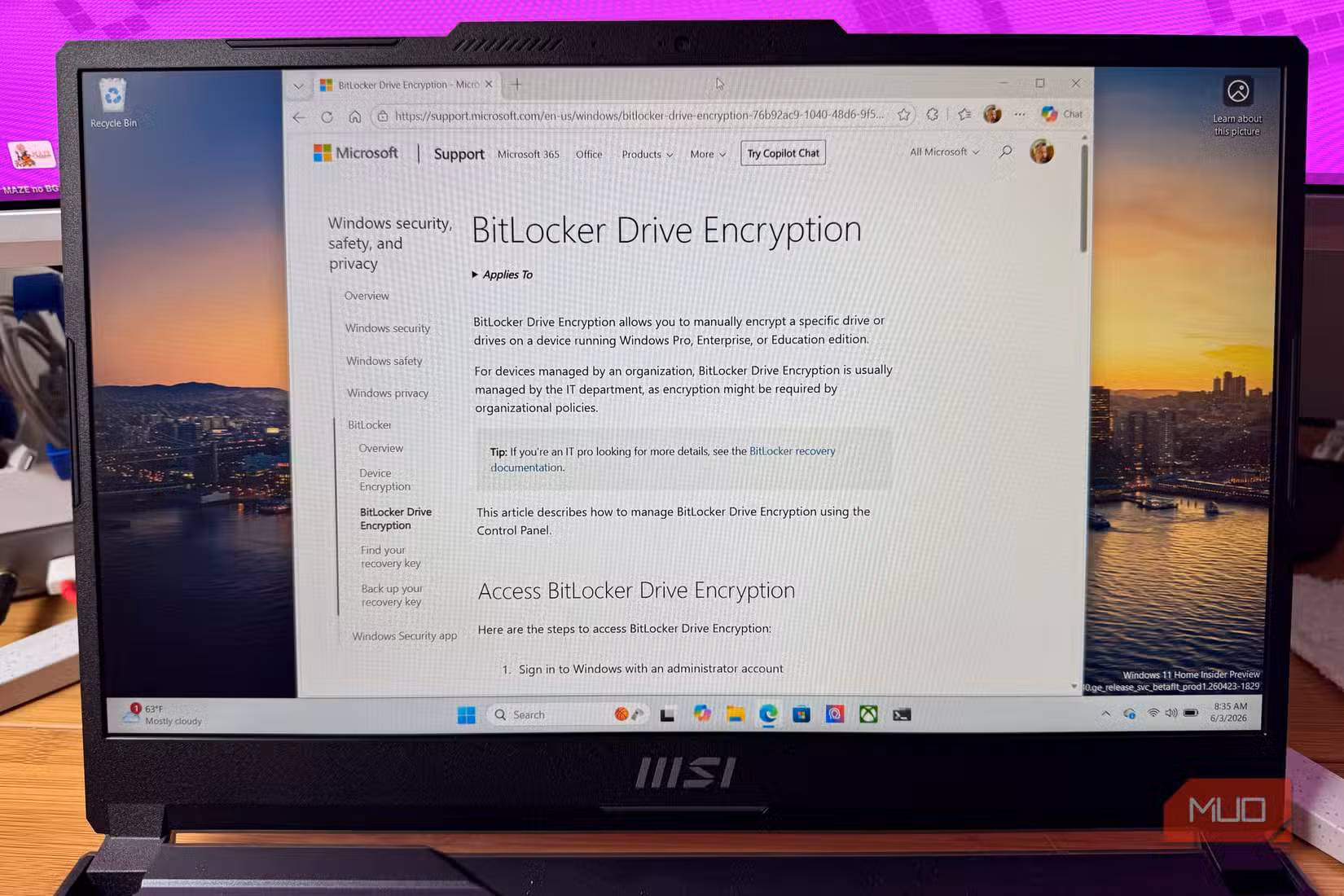 BitLocker web page on PC