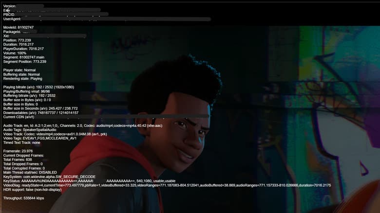 Netflix streaming stats overlayed on frame from Spider Man Into the Spider-Verse