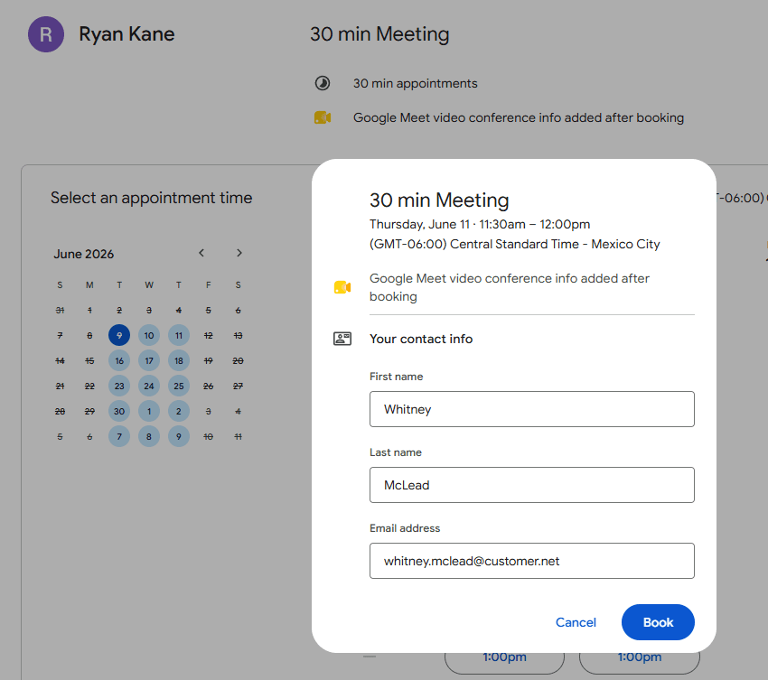 Google Calendar appointment schedule booking page with a generic Google Calendar design and limited form fields.
