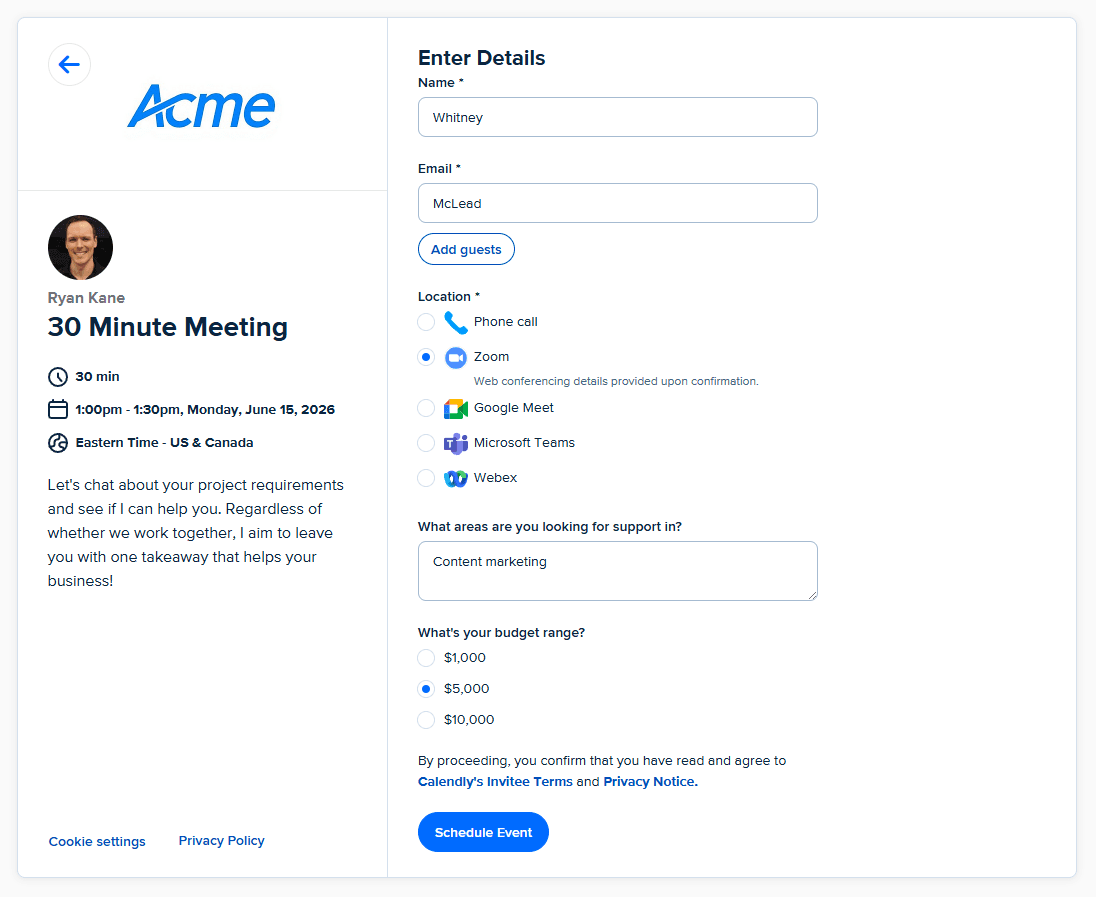 Calendly booking page complete with a profile picture of the meeting host and company logo.