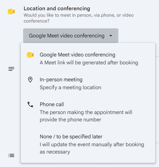 Dropdown of available Google Calendar meeting location options, including Google Meet, in-person location, phone call, and other location to be specified later.