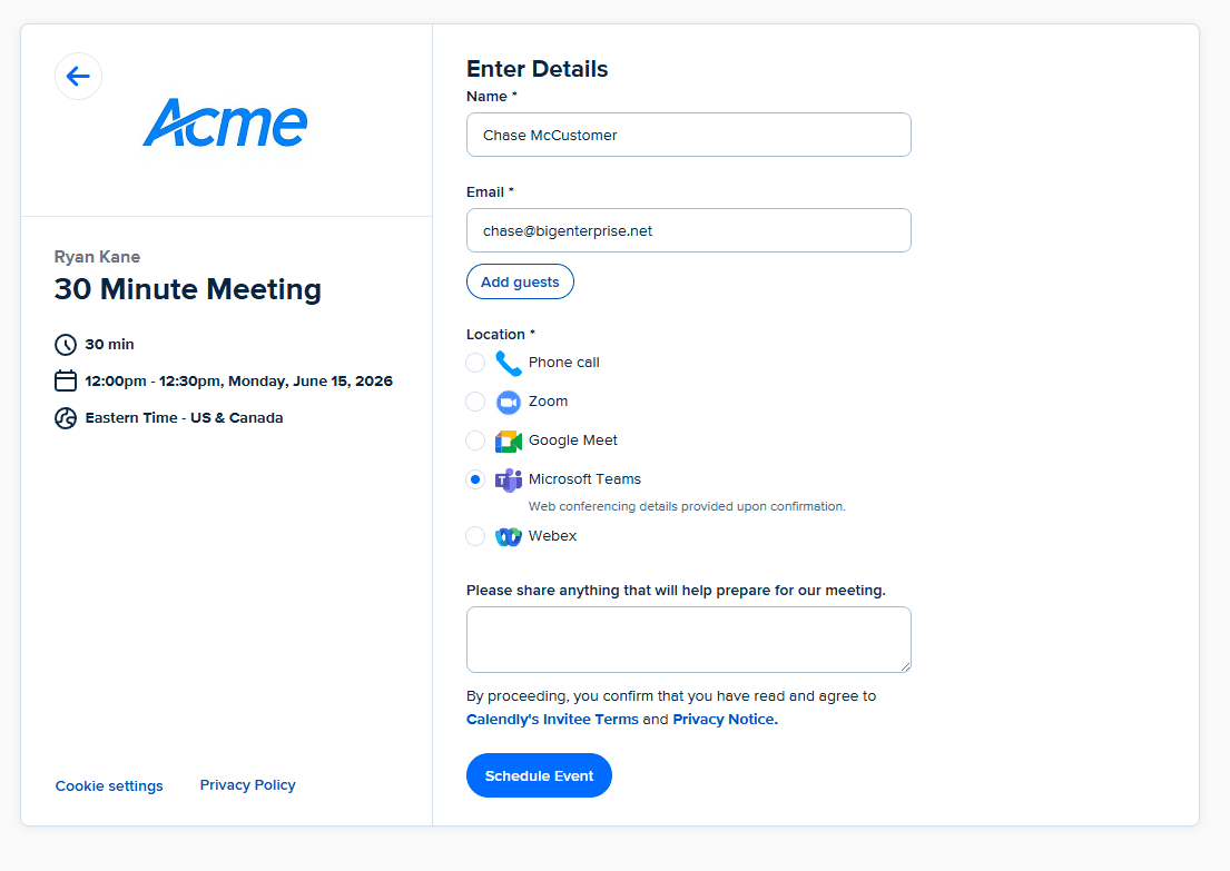 Calendly booking page with a multiple-choice selection of different video conferencing apps to meet on.