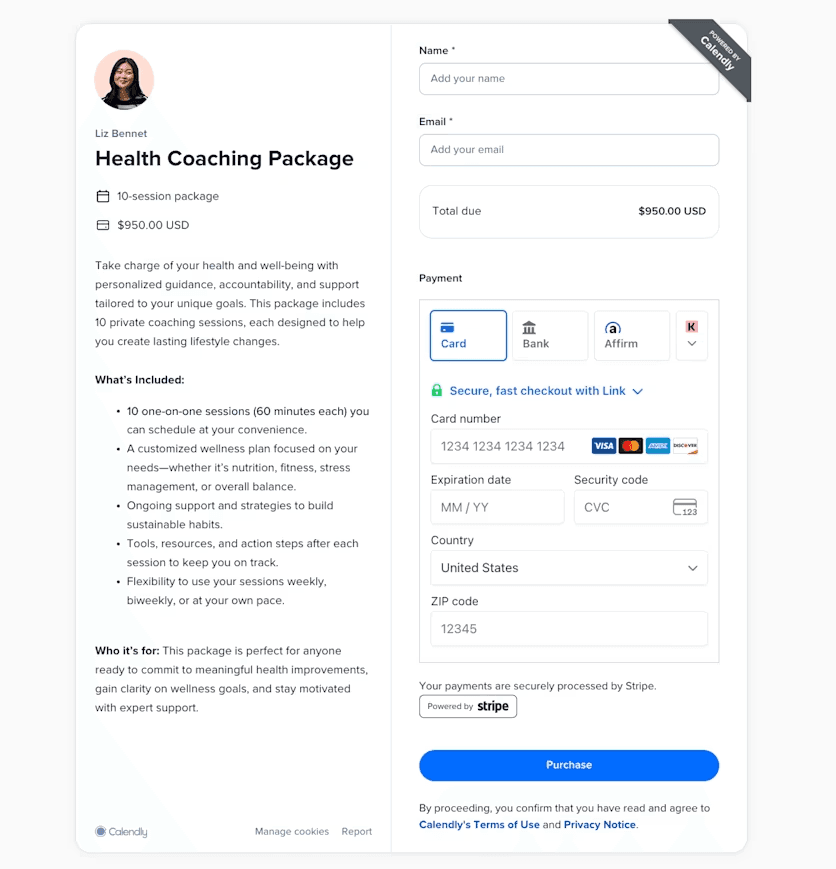 A payment page in Calendly