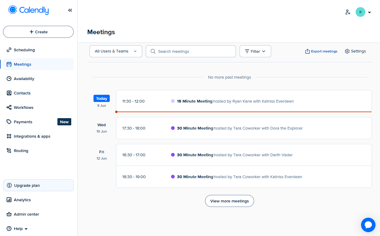 List view of booked appointments in the Calendly dashboard.