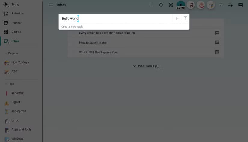 Capturing a new task in Super Productivity.