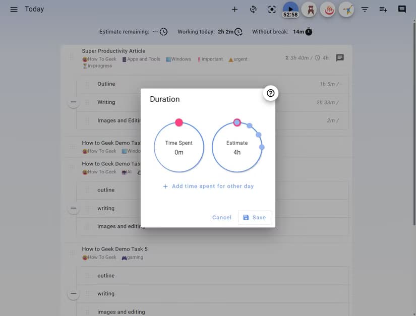 Super Productivity setting time estimates for a task.
