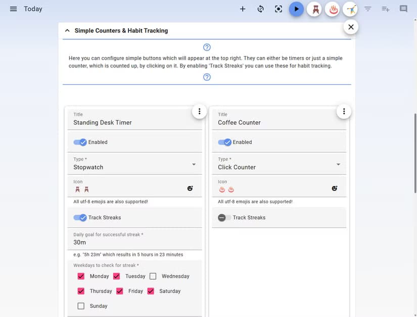 Super Productivity Simple Counters and Habit Tracking settings.