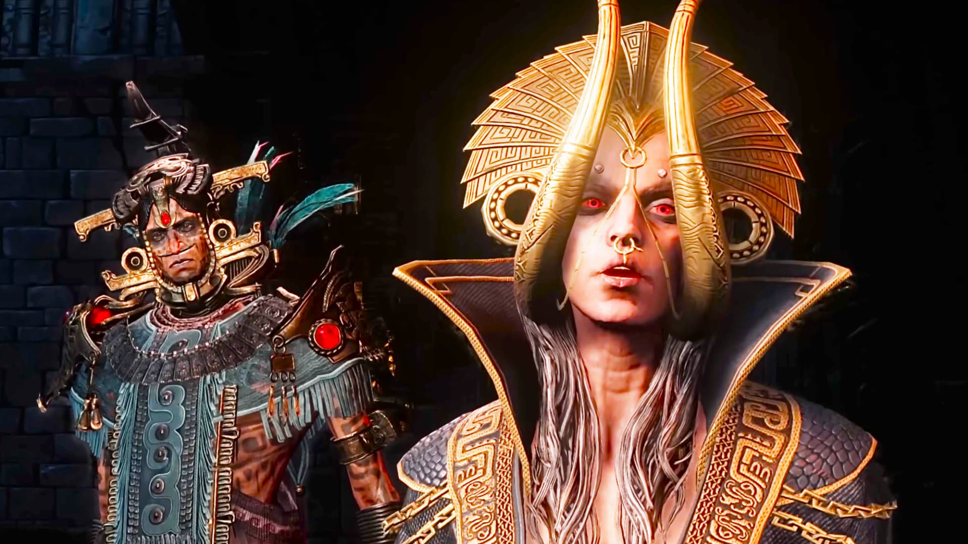 A screencap of the Path of Exile 2 Fate of the Vaal trailer. A woman stands in the foreground with a man in the background.