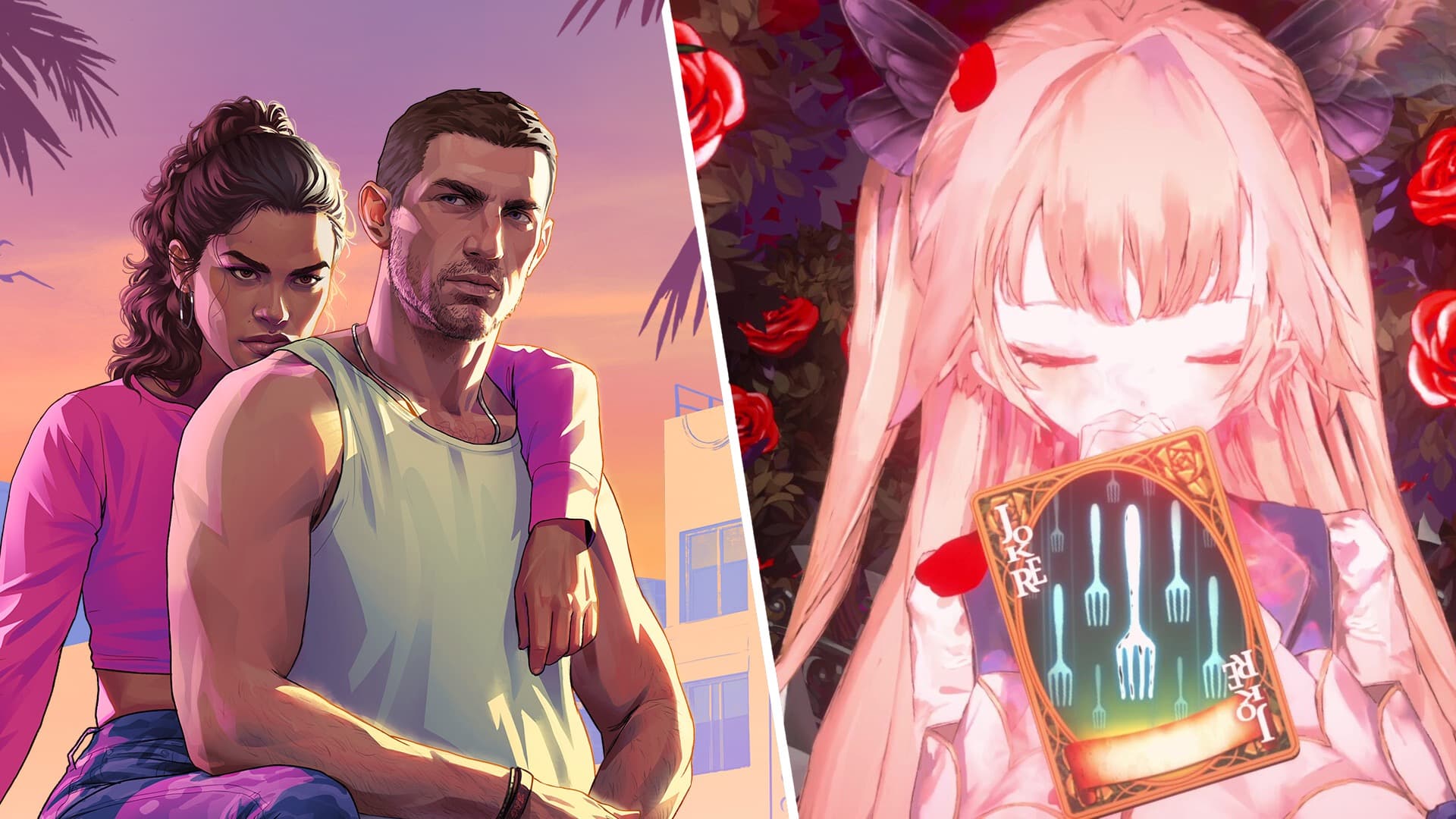 Jason and Lucia from GTA 6 on the left side of a split image, an anime lady from Crymelight on the right.