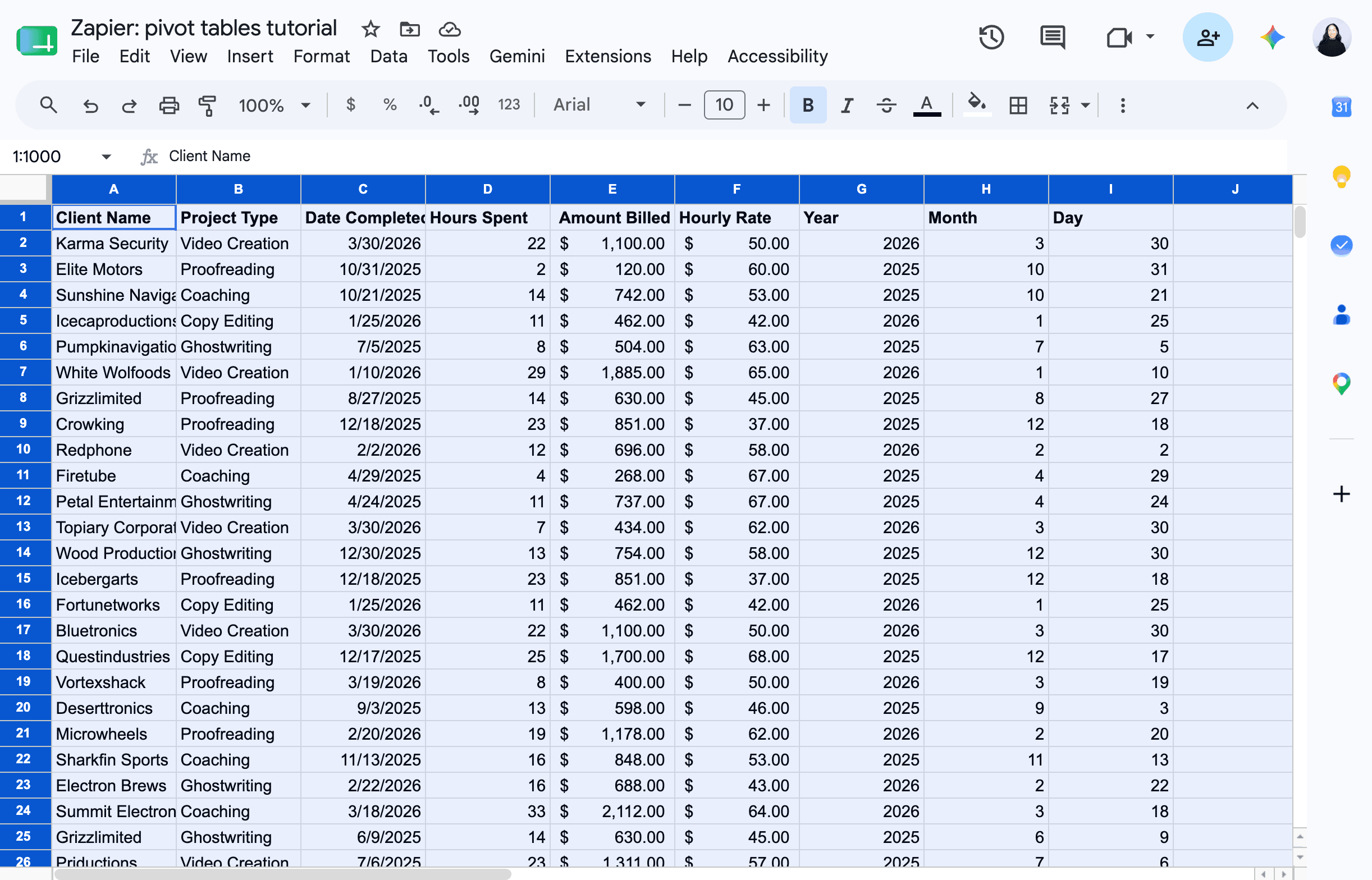 Highlighted dataset in Google Sheets.