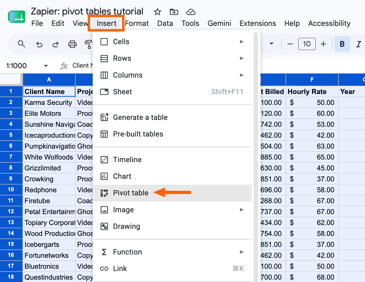 Expanded view of the insert dropdown in Google Sheets with pivot table highlighted.