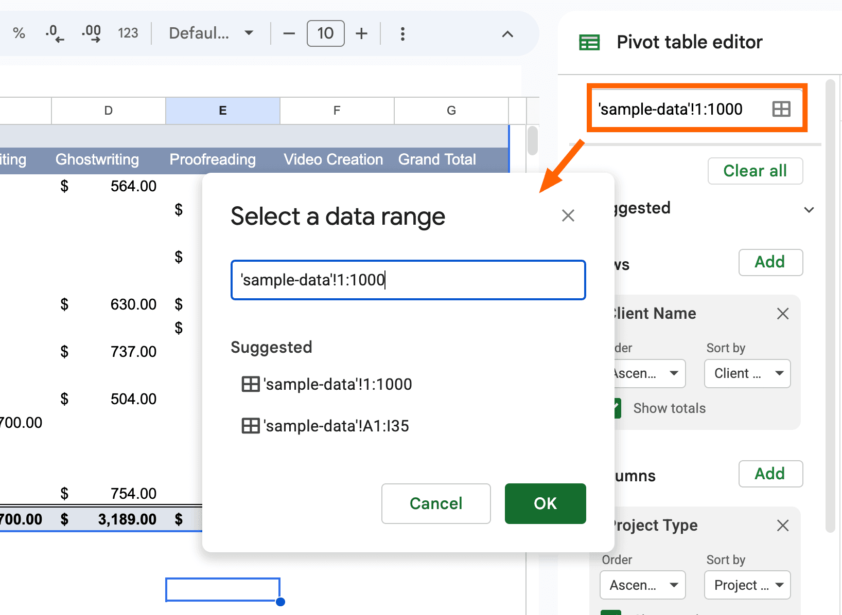 Data range field in the pivot table editor of Google Sheets.