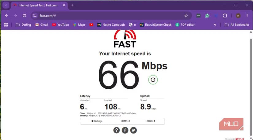 Speed test showing Lattency