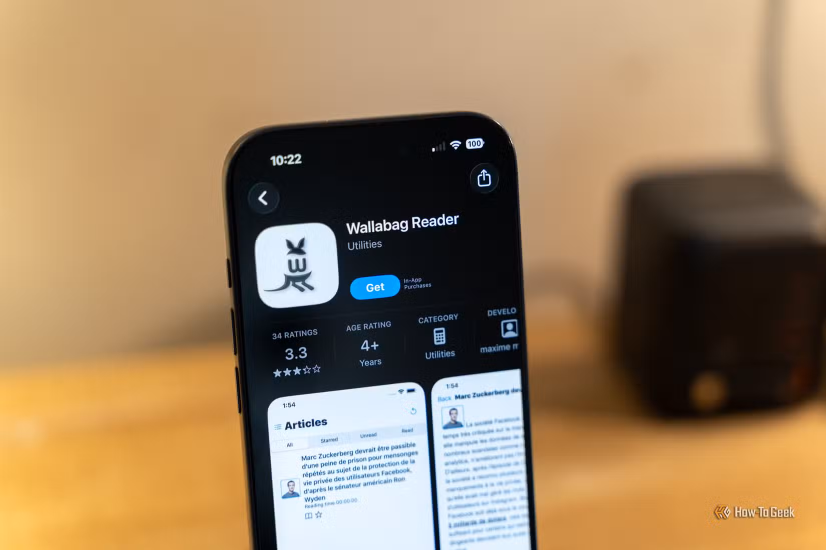 The Apple App Store showing the Wallabag Reader app open with the Get button to download.