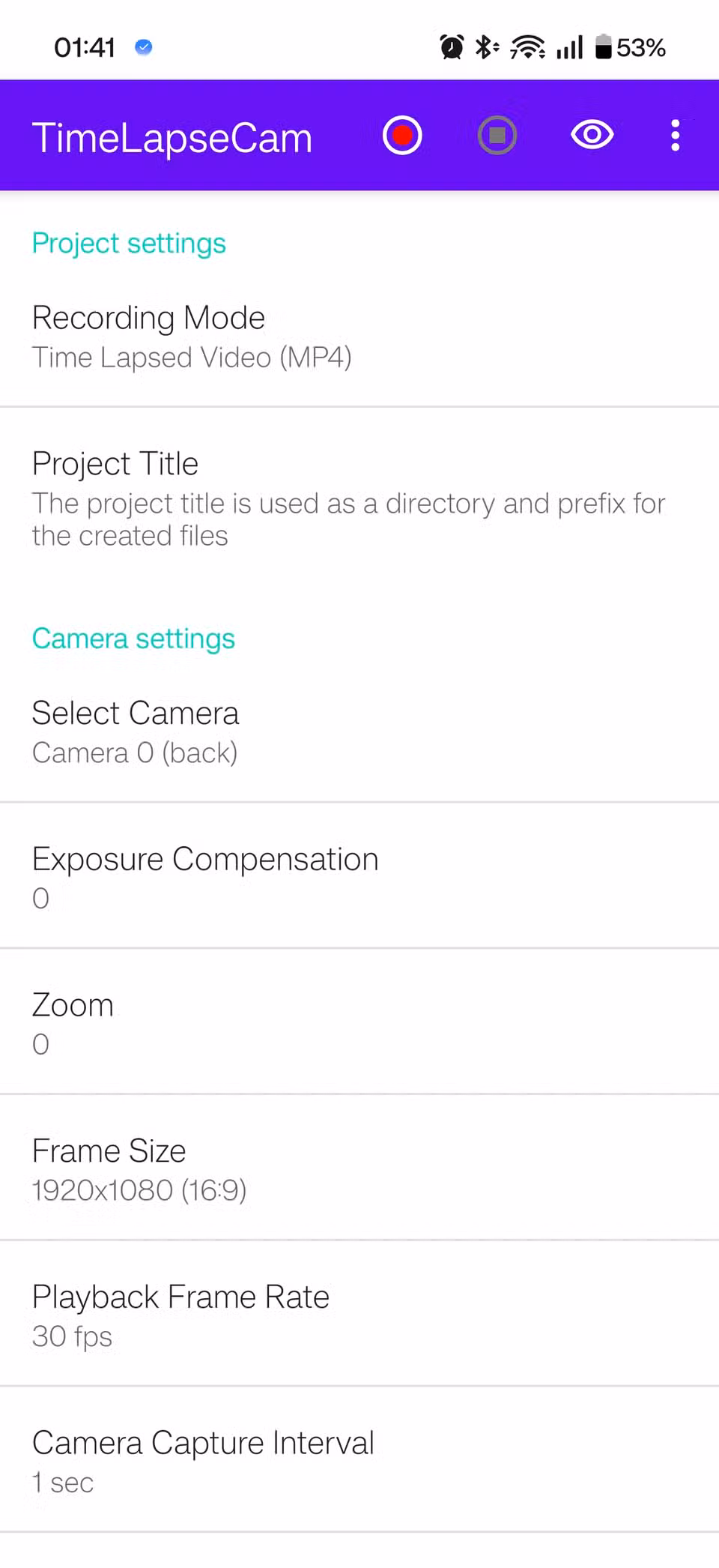 A screenshot of the dashboard in the TimeLapseCam app.