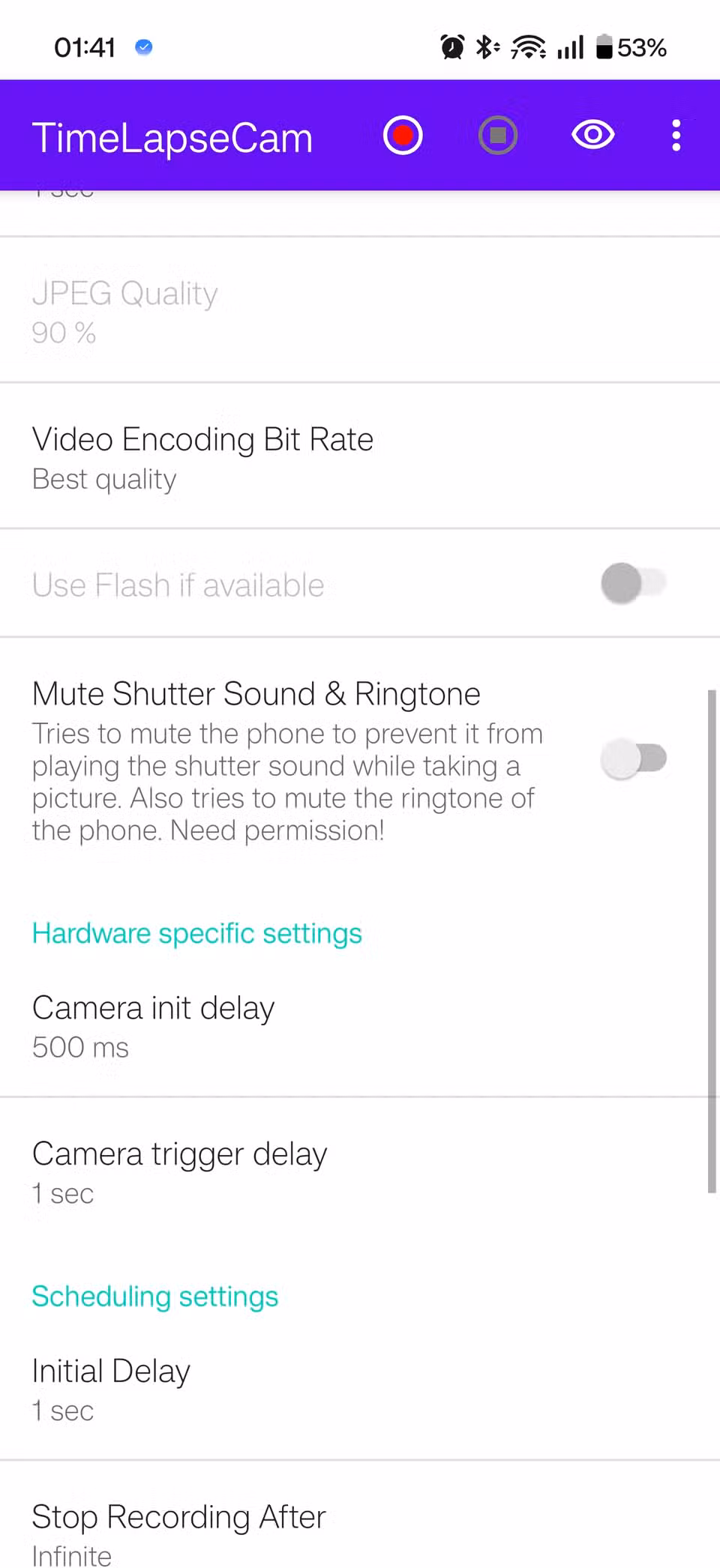 A screenshot of the dashboard in the TimeLapseCam app.