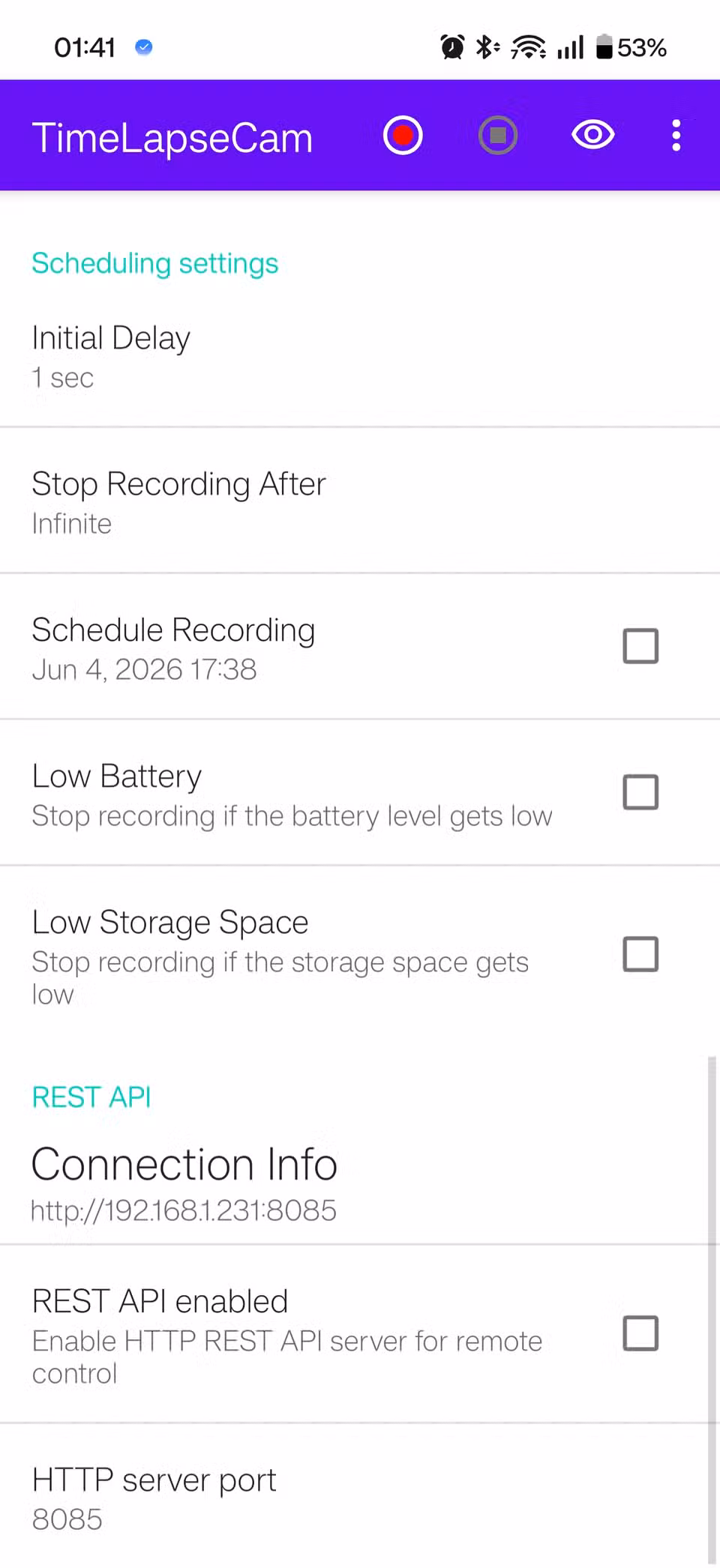 A screenshot of the dashboard in the TimeLapseCam app.