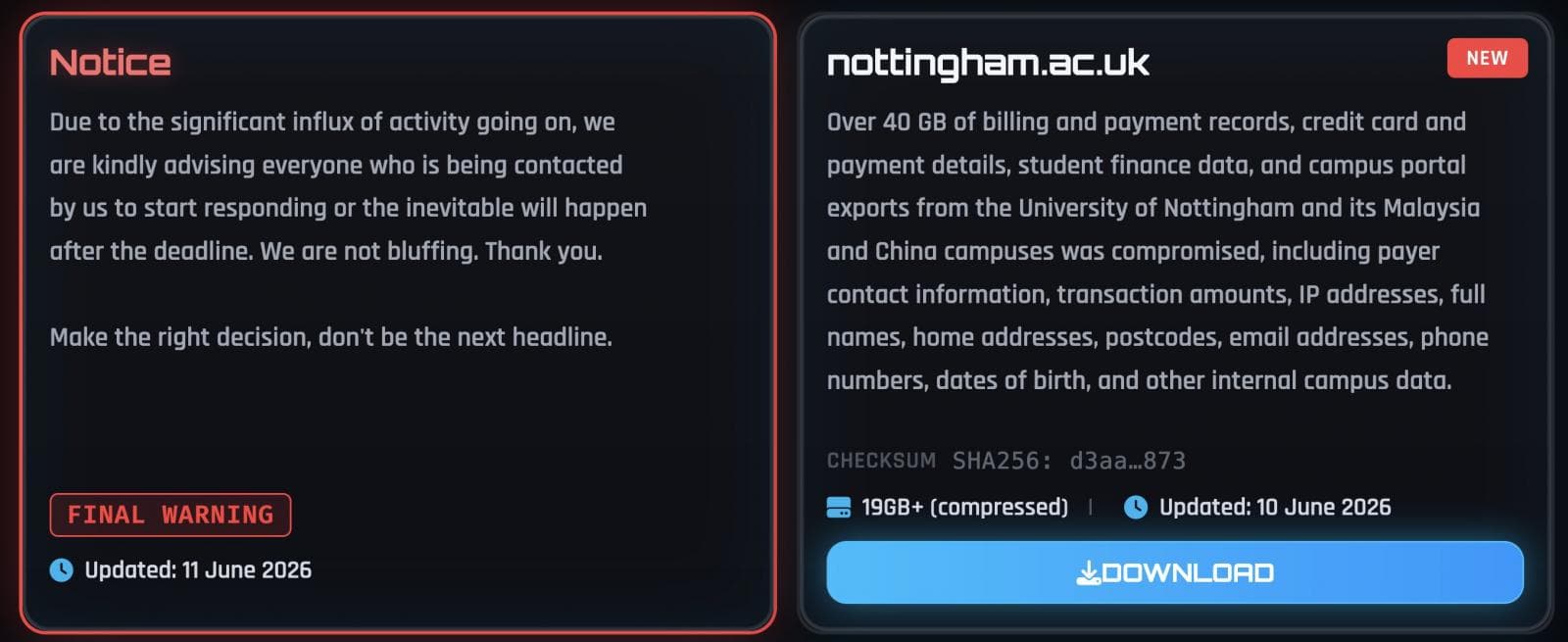 Nottingham University on ShinyHunters leak site