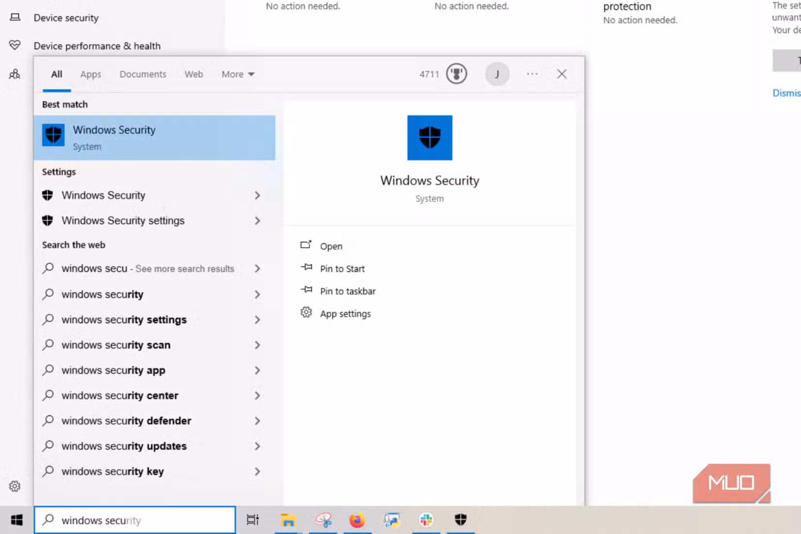 Windows Search showing security app.