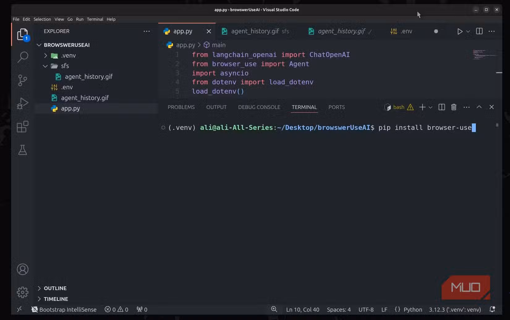 VS Code screen showing pip install browser-use code