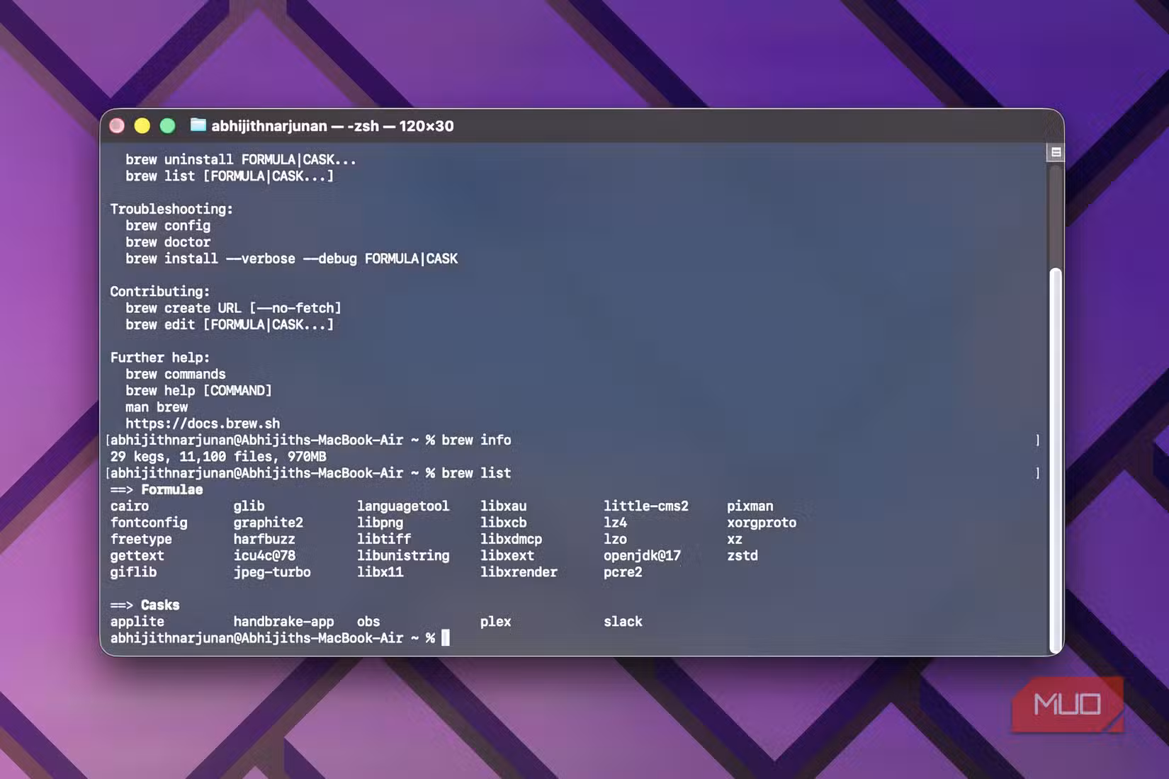 Terminal showing the Homebrew interface on Mac