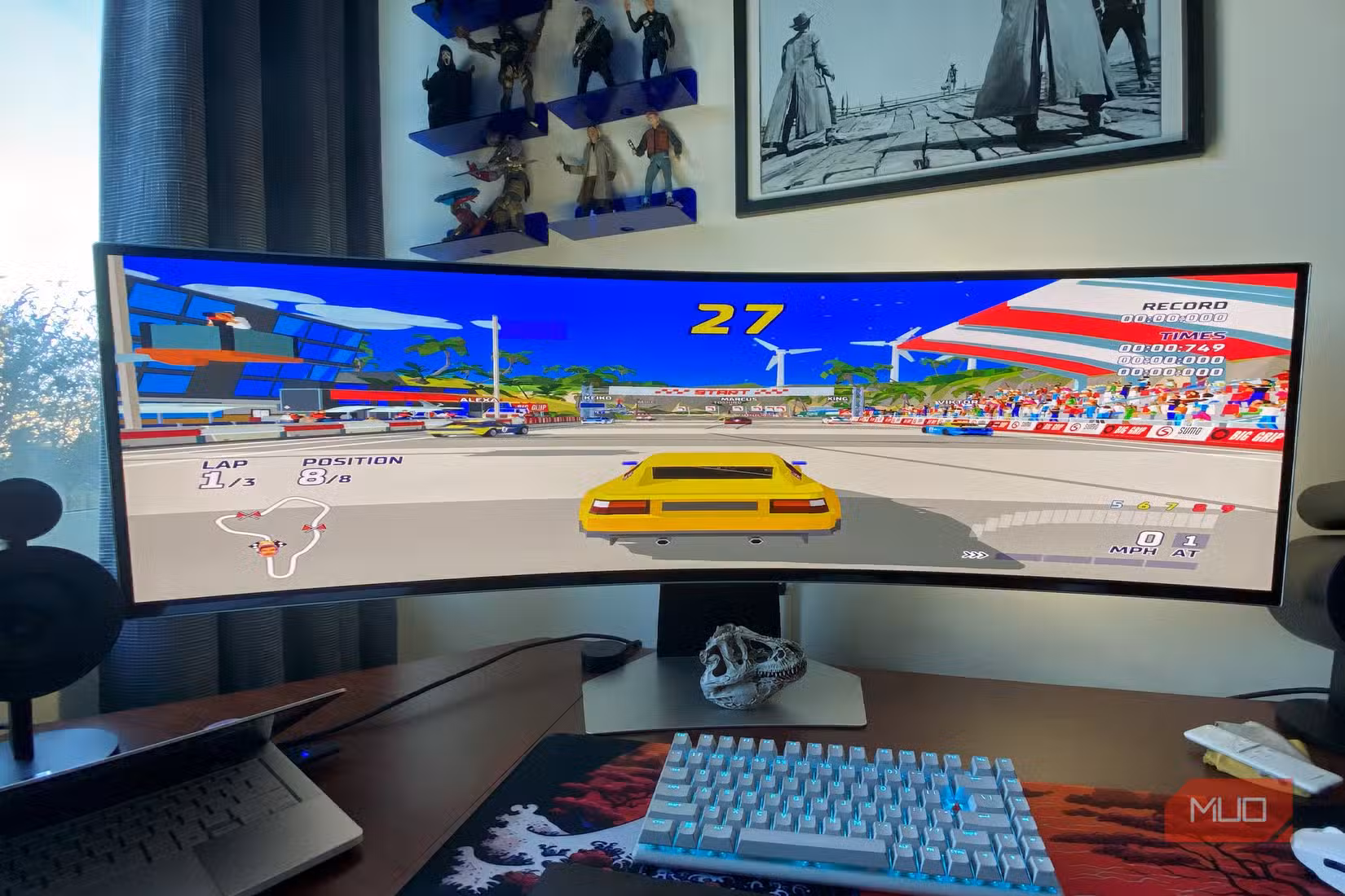 A Samsung Odyssey OLED G9 monitor displaying Hotshot Racing