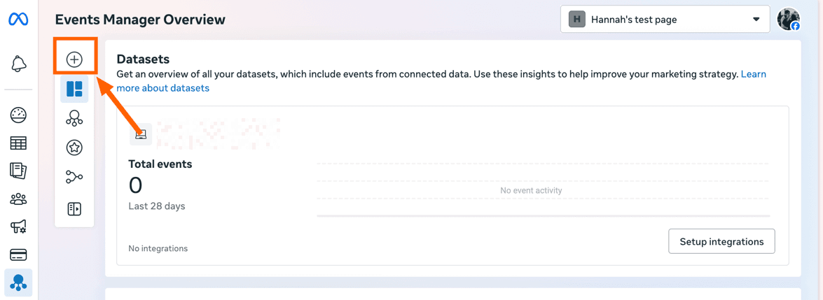 An orange arrow points to a green plus sign in the Events Manager Overview tab.