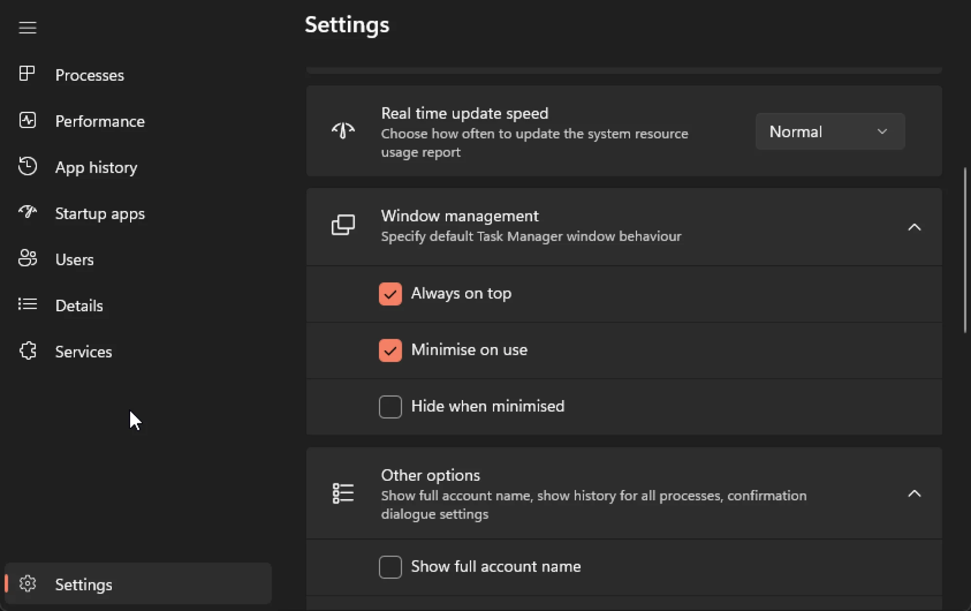 Task Manager settings in Windows 11.