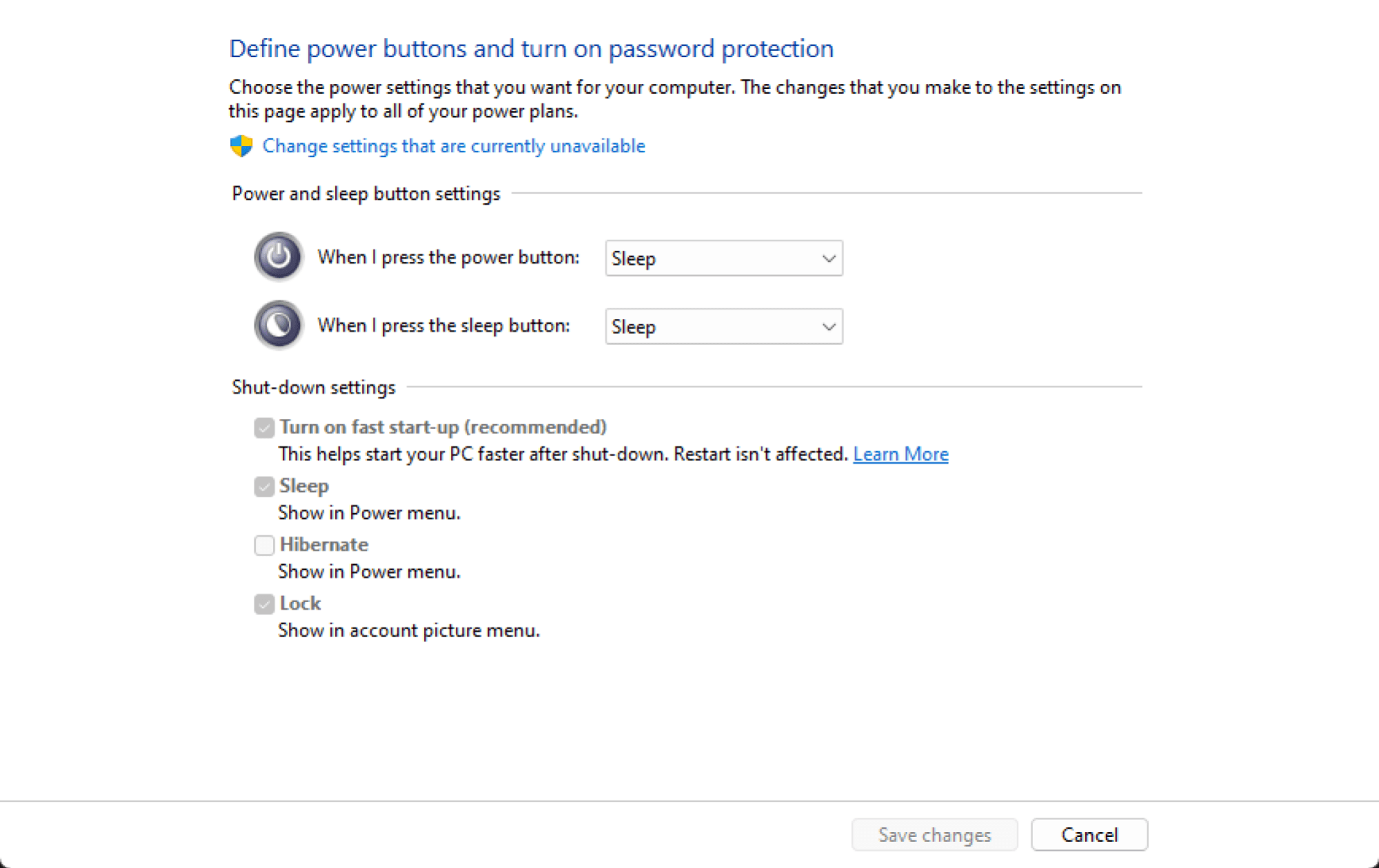 Power button settings in Windows 11.