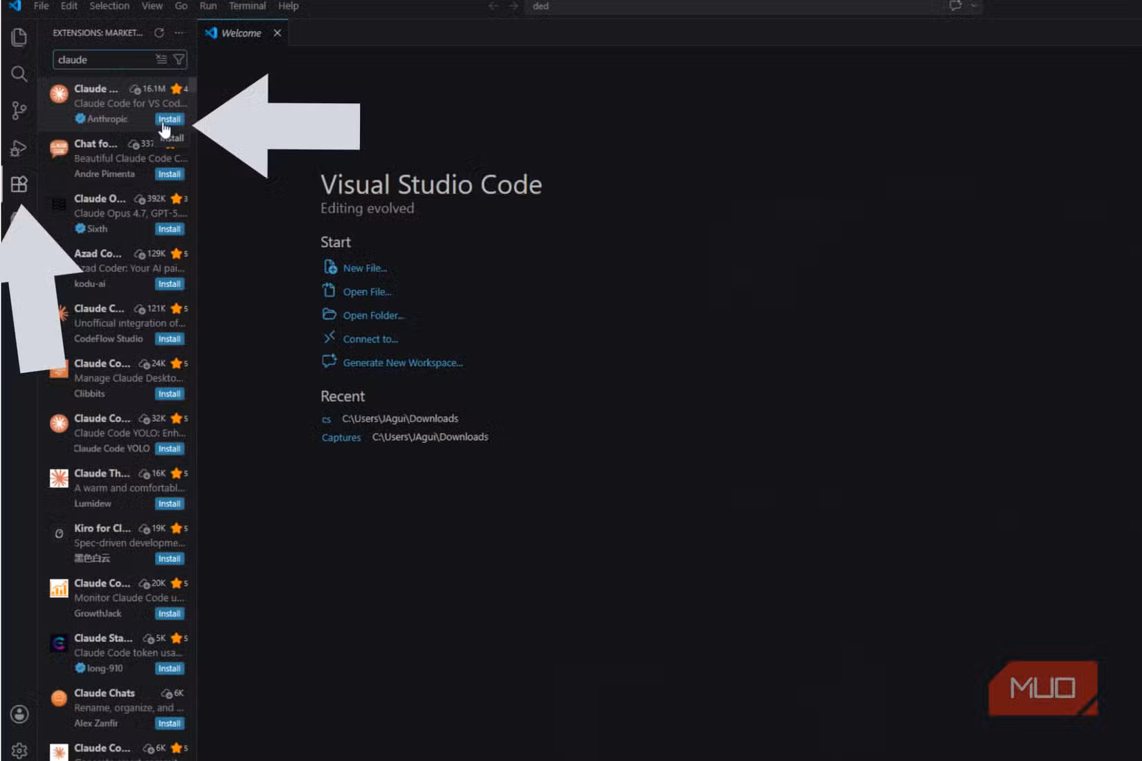 Visual Studio Code Extensions Marketplace showing Claude extension install button.