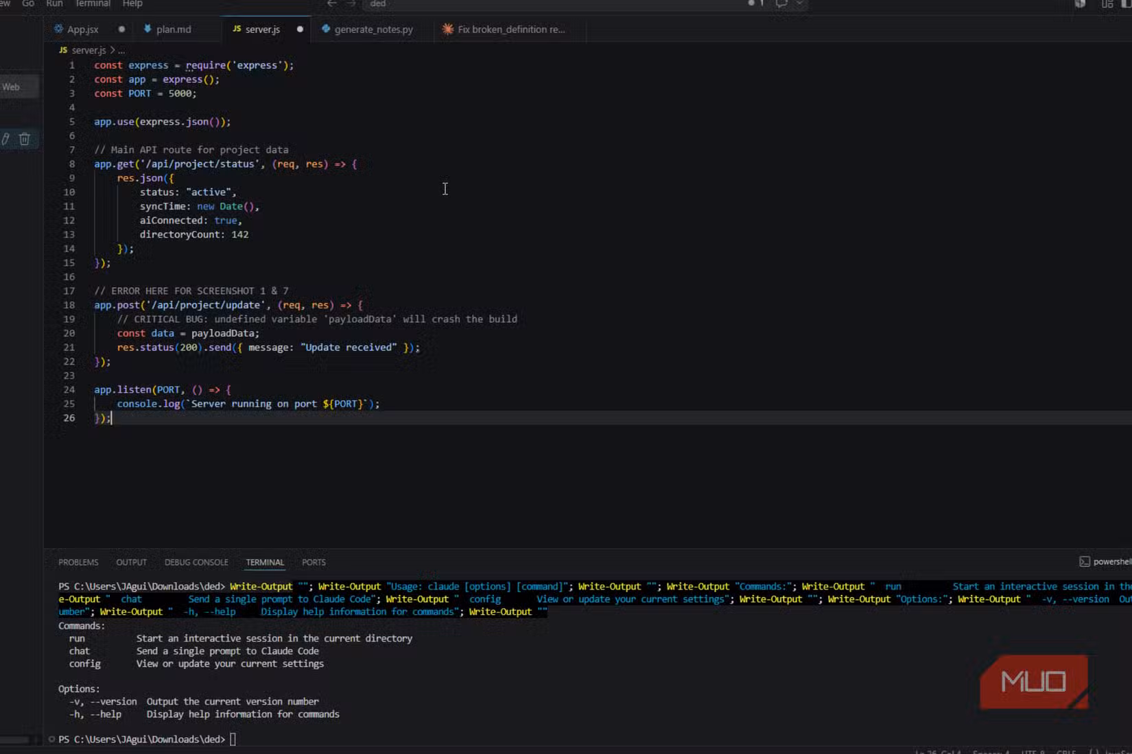 Integrated terminal panel displaying Claude CLI help menu beneath code.