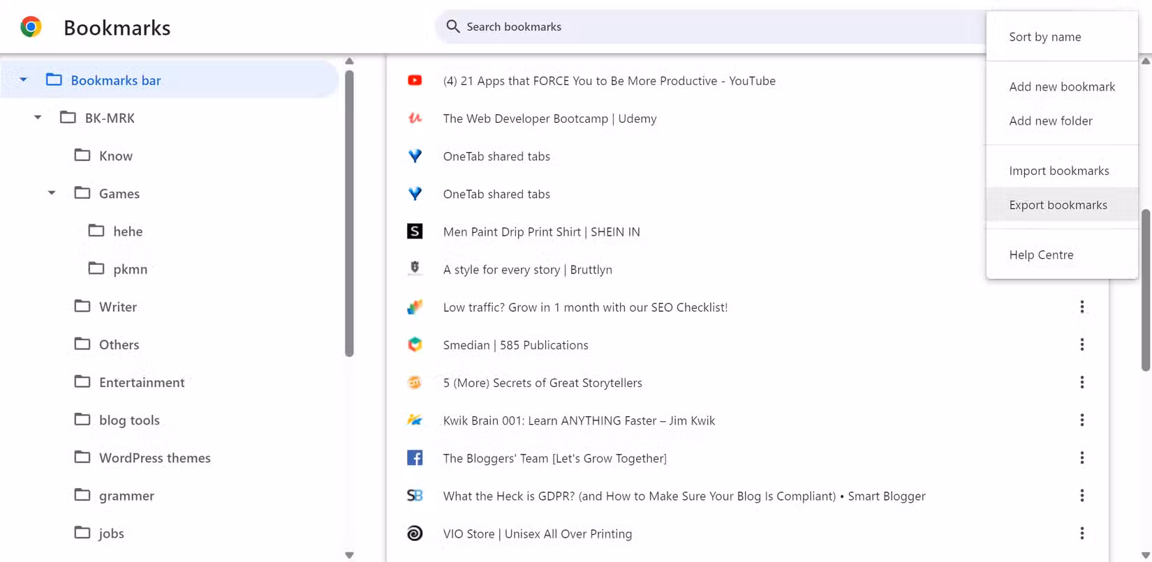 Chrome Bookmarks Manager three-dot menu open with Export bookmarks option highlighted.