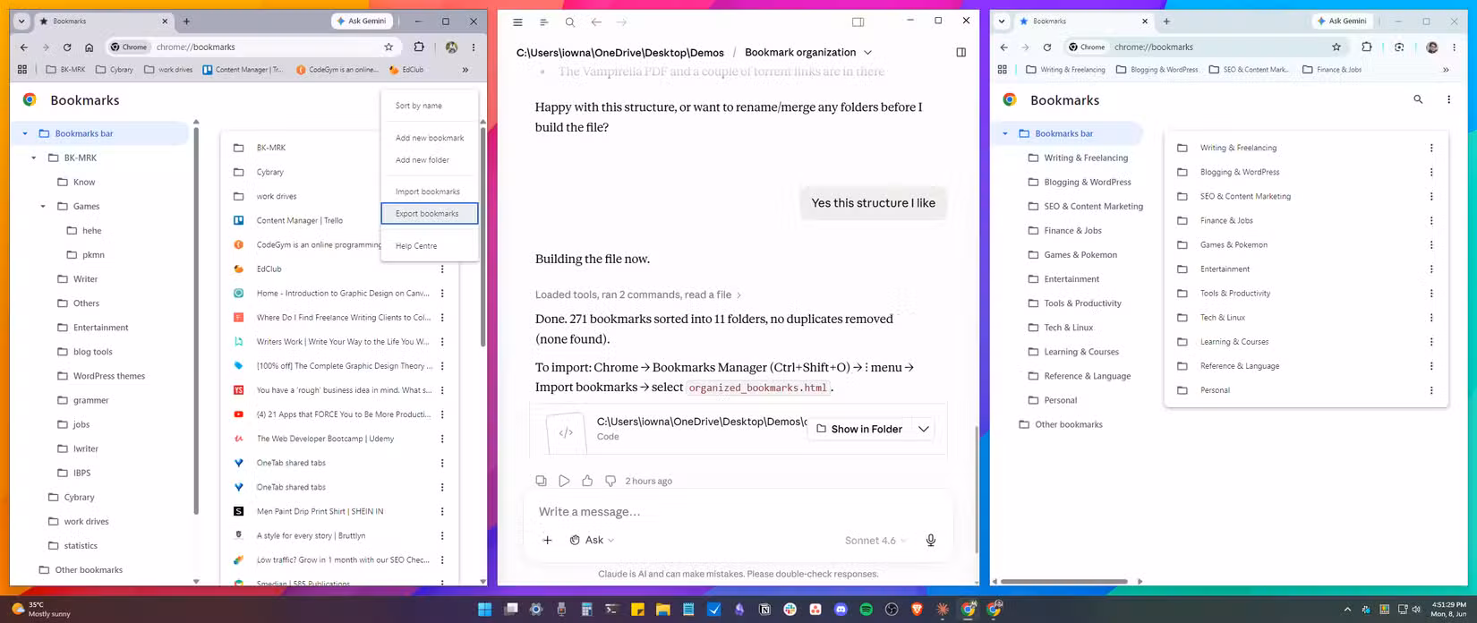 Side by side comparison of Chrome bookmarks before and after Claude reorganization showing old messy folders versus clean categorized structure.