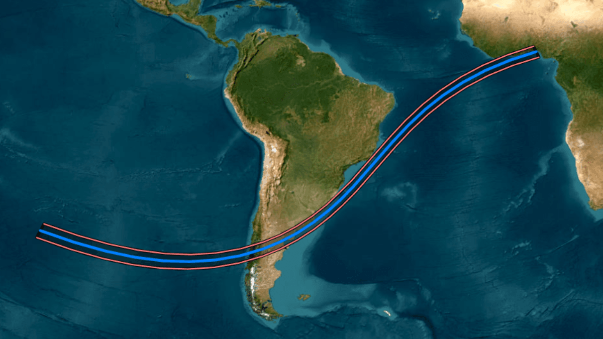 map showing the path of annularity across South America and the west coast of Africa.