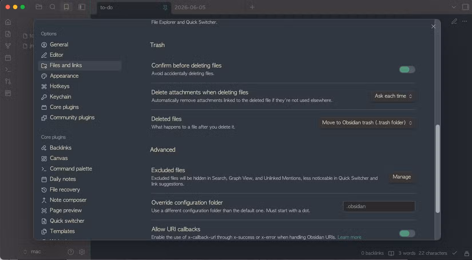Trash setup for Obsidian.