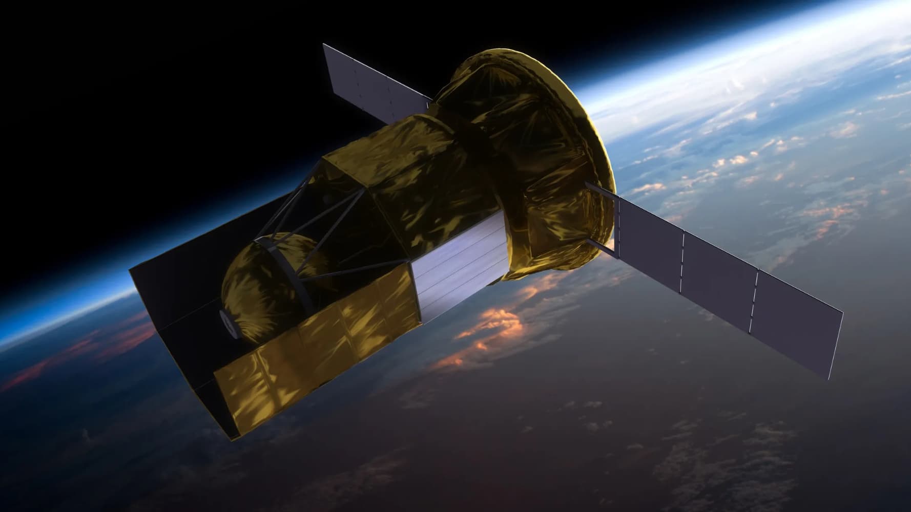 a gold-foiled satellite floats in space above Earth, with two, three-panel solar arrays on either side.