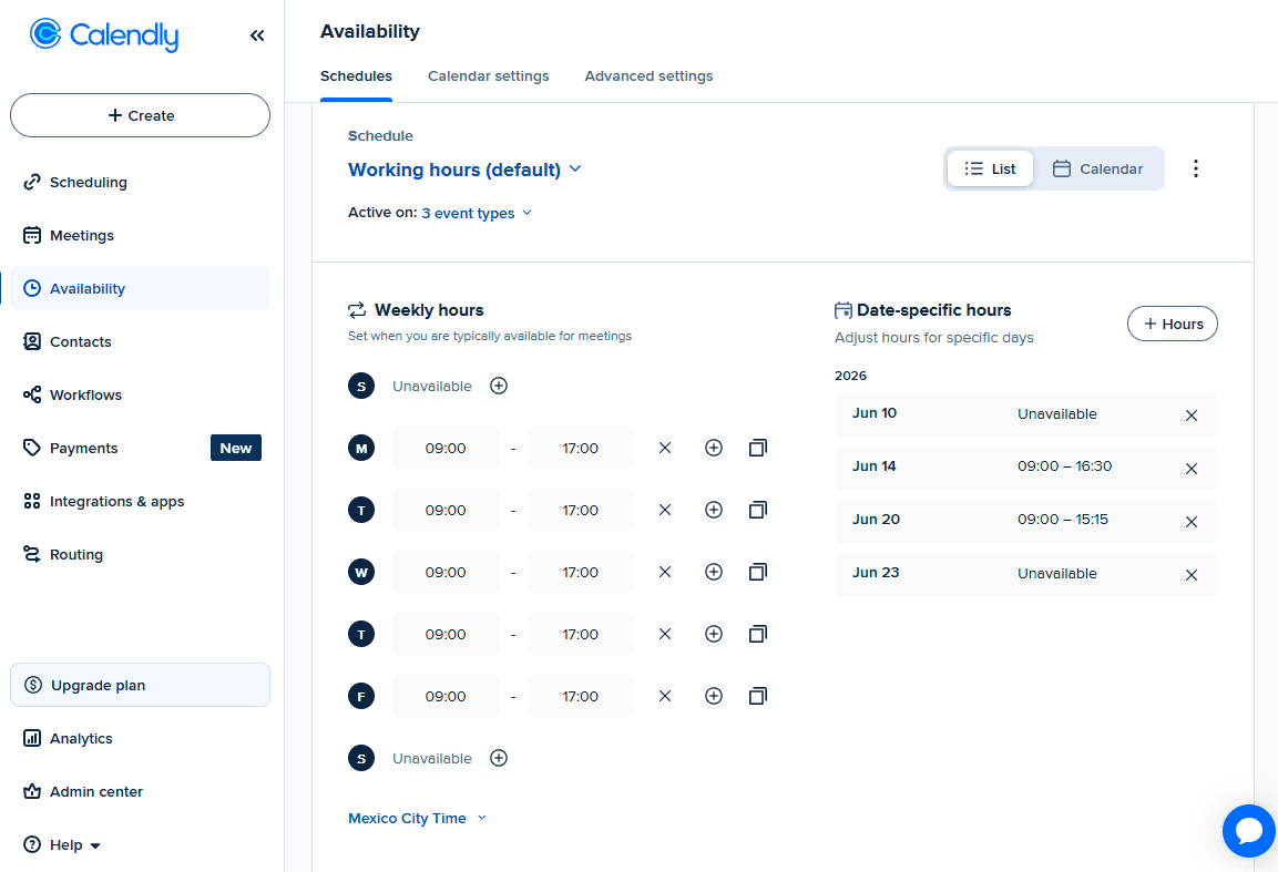 Setting availability in Calendly
