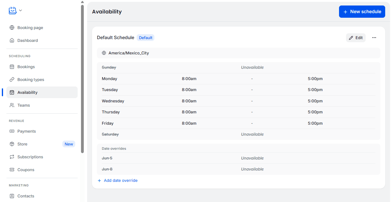 Setting availability in TidyCal
