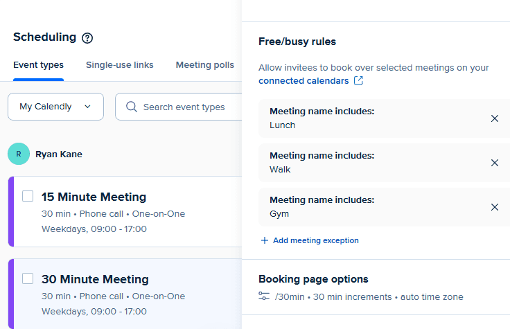 Setting specifications in Calendly