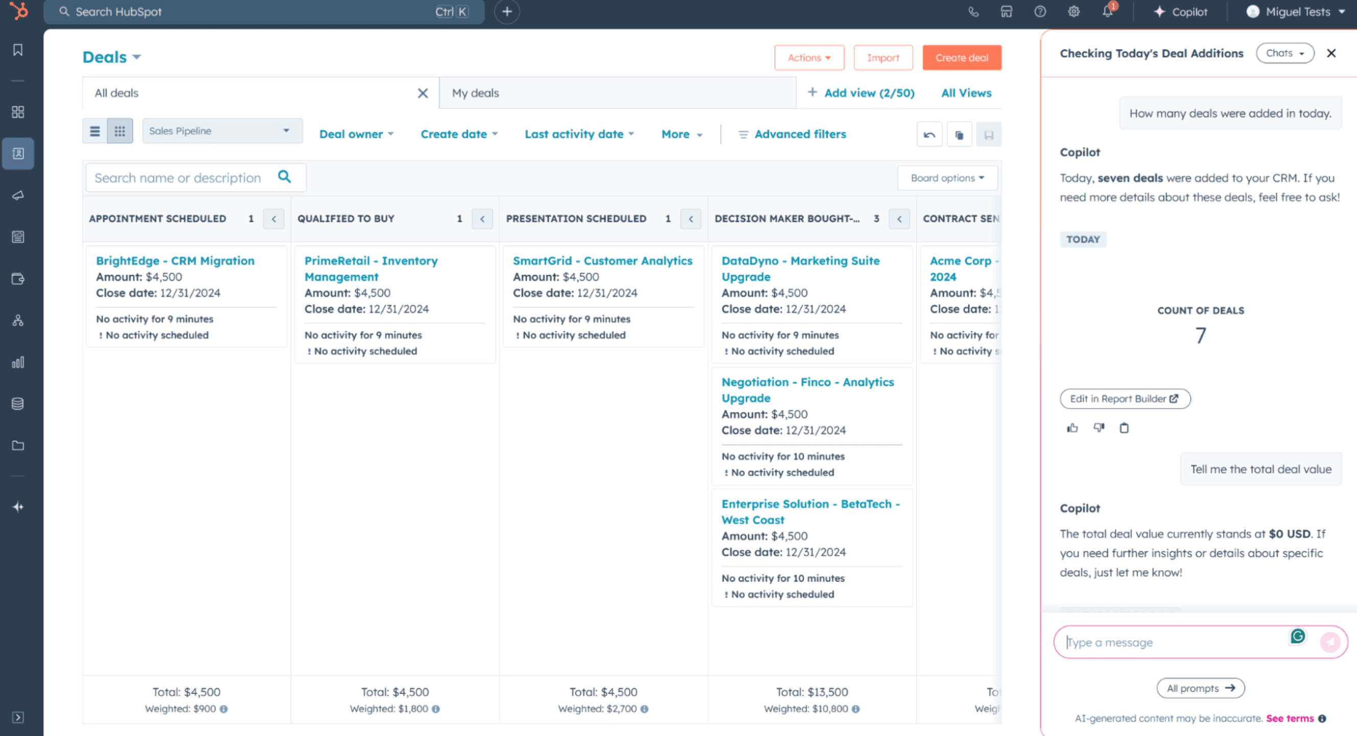 A screenshot of HubSpot, a customer experience software.