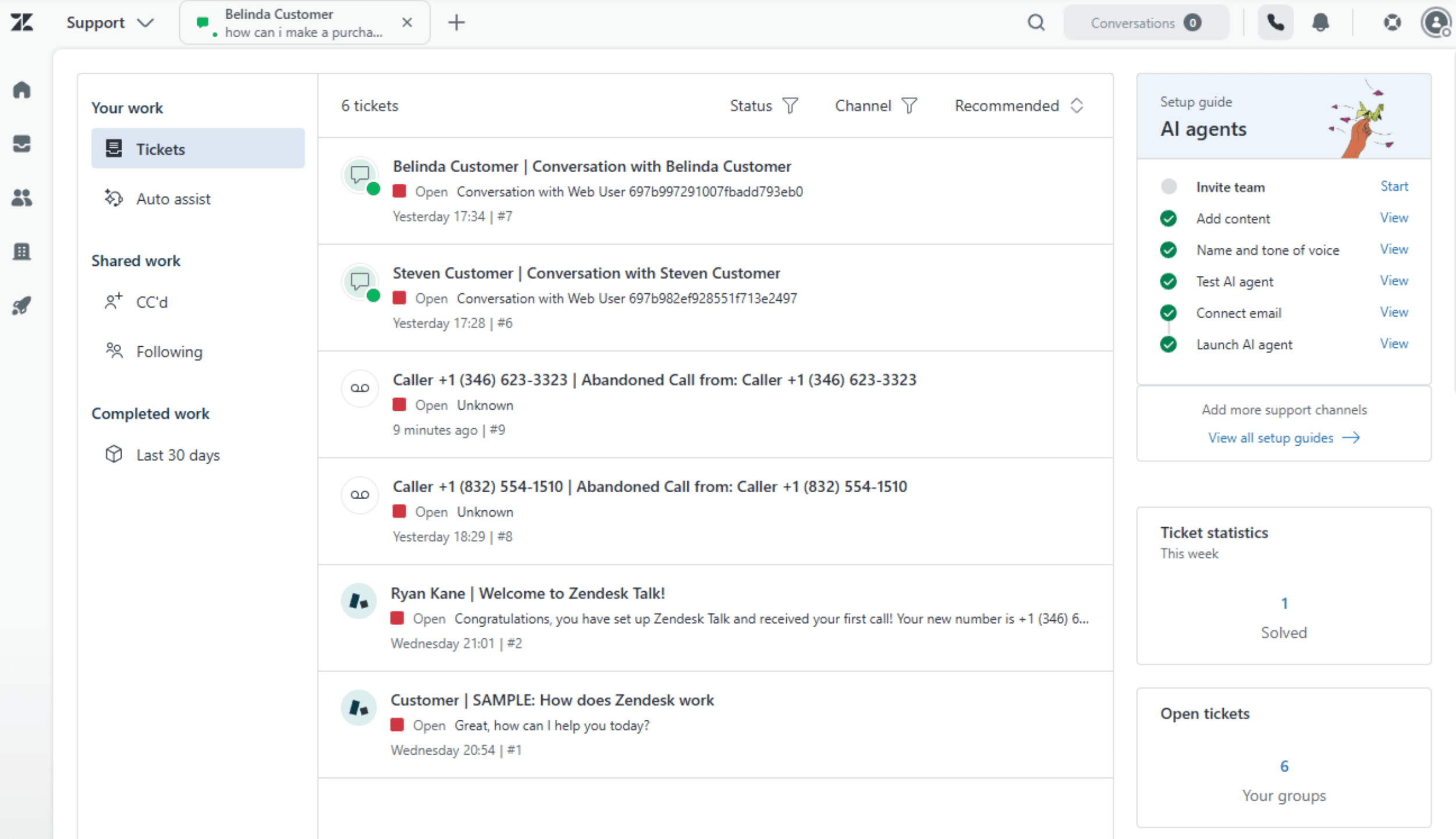 A screenshot of Zendesk, a customer experience software.