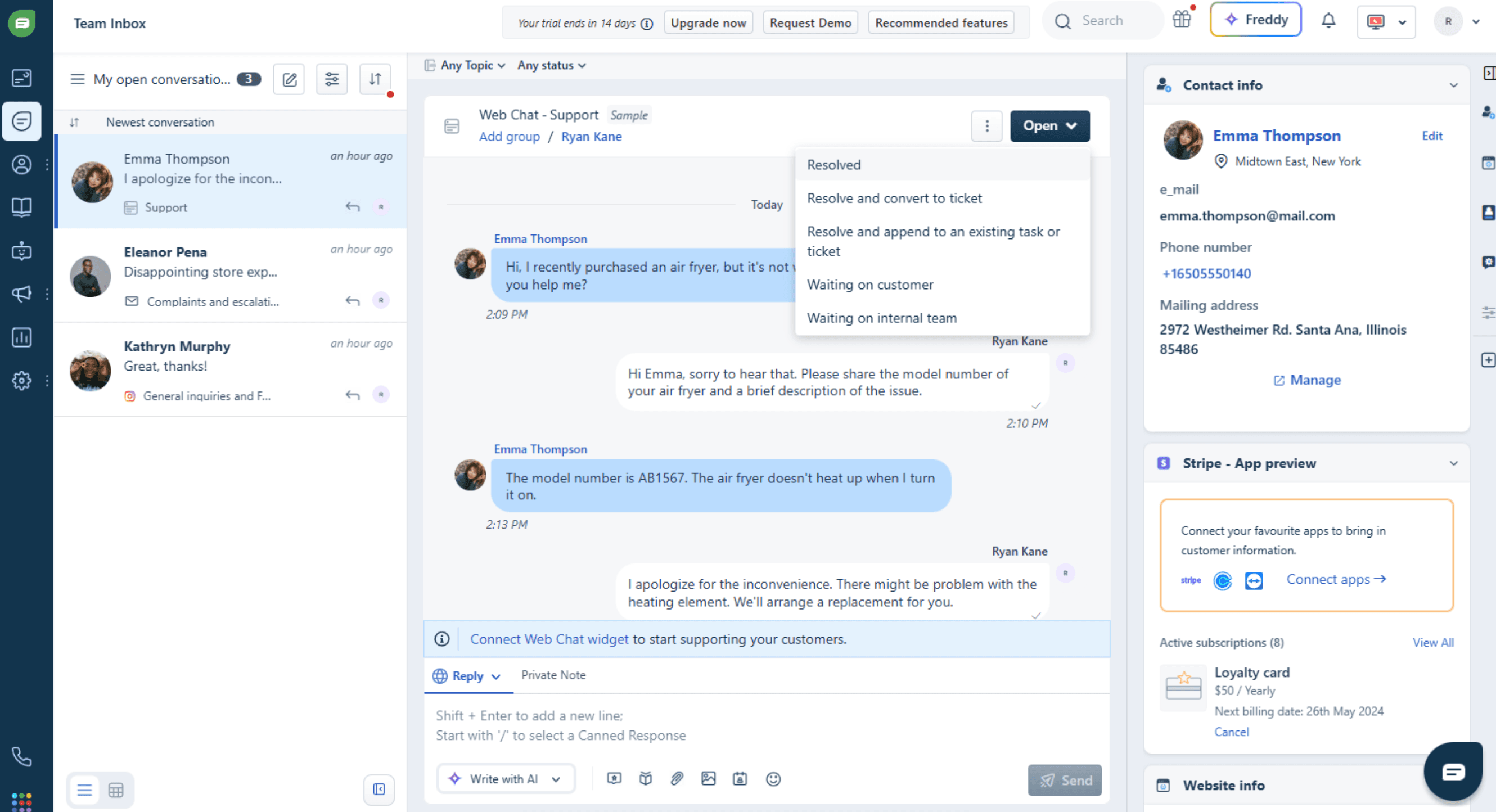 A screenshot of Freshdesk, a customer experience software.