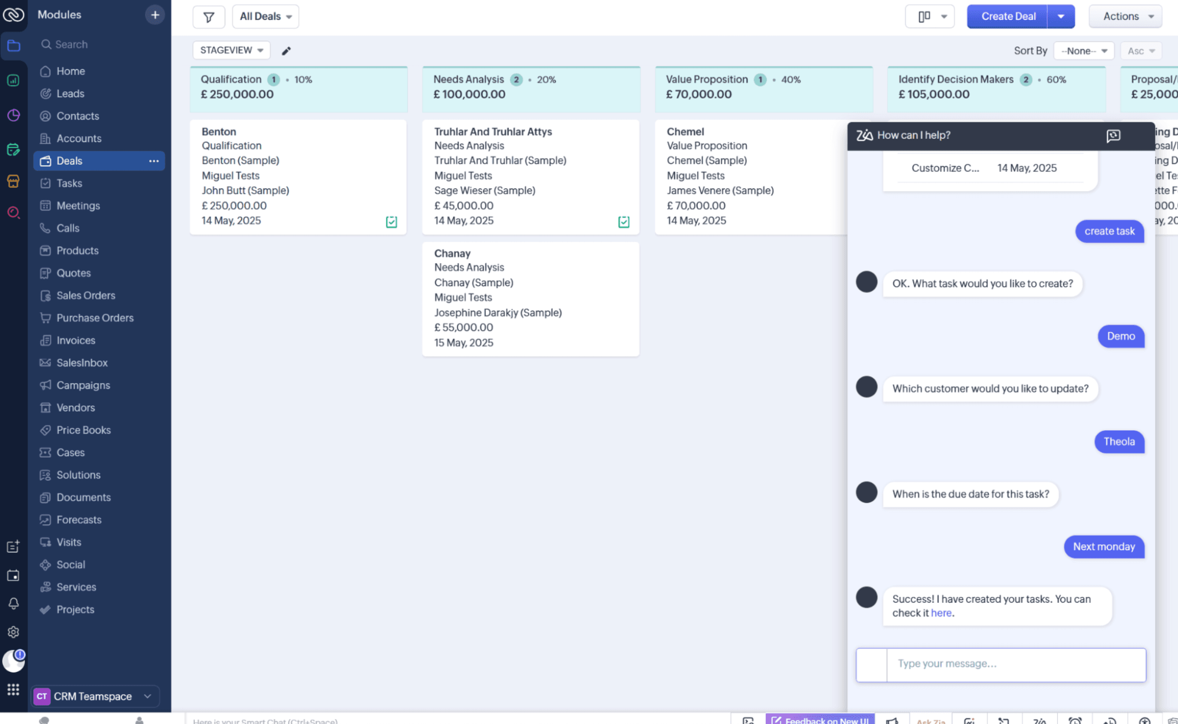 A screenshot of Zoho, a customer experience software.