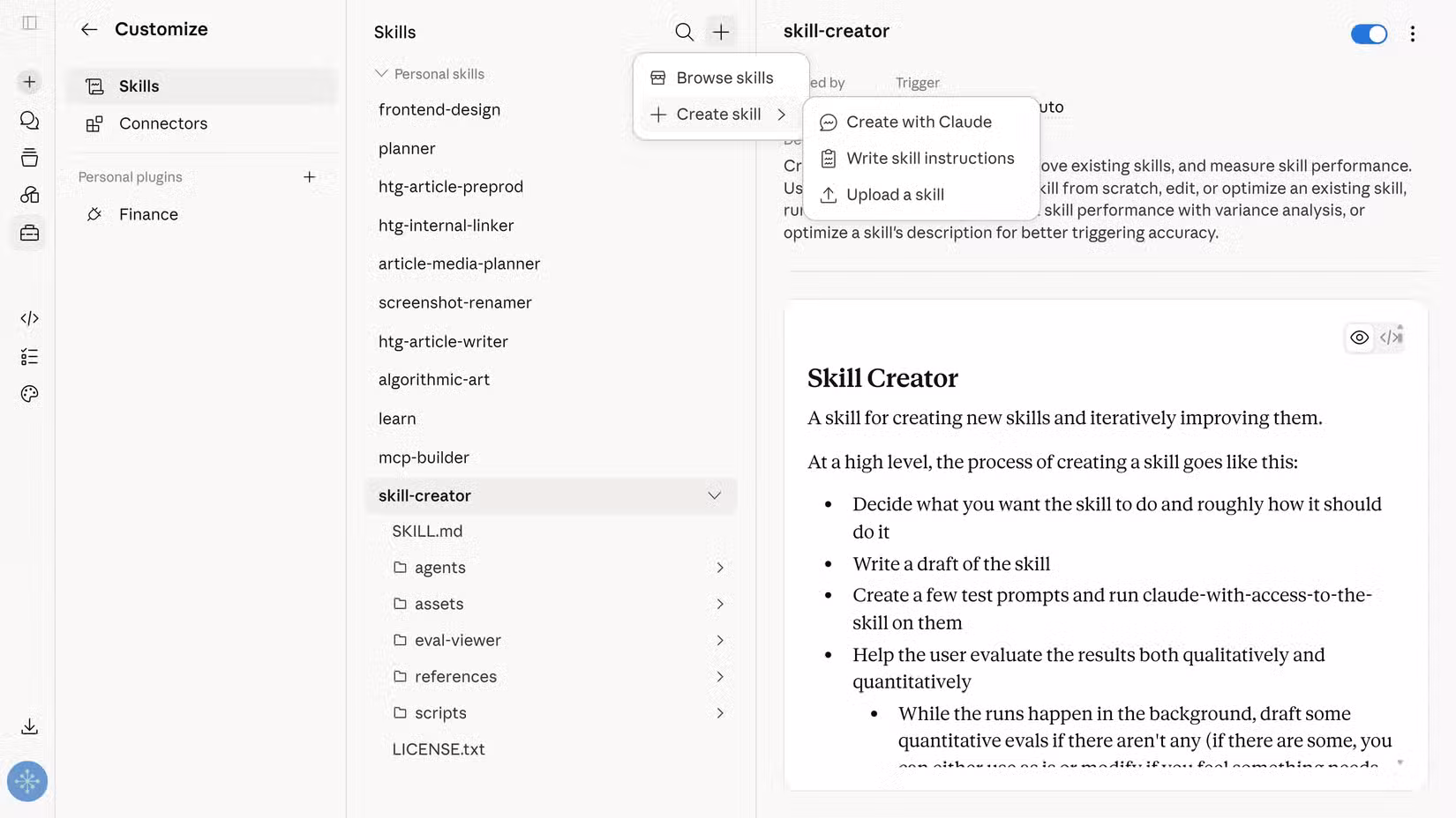 Claude Customize panel showing skill-creator selected with the Create skill dropdown menu open.