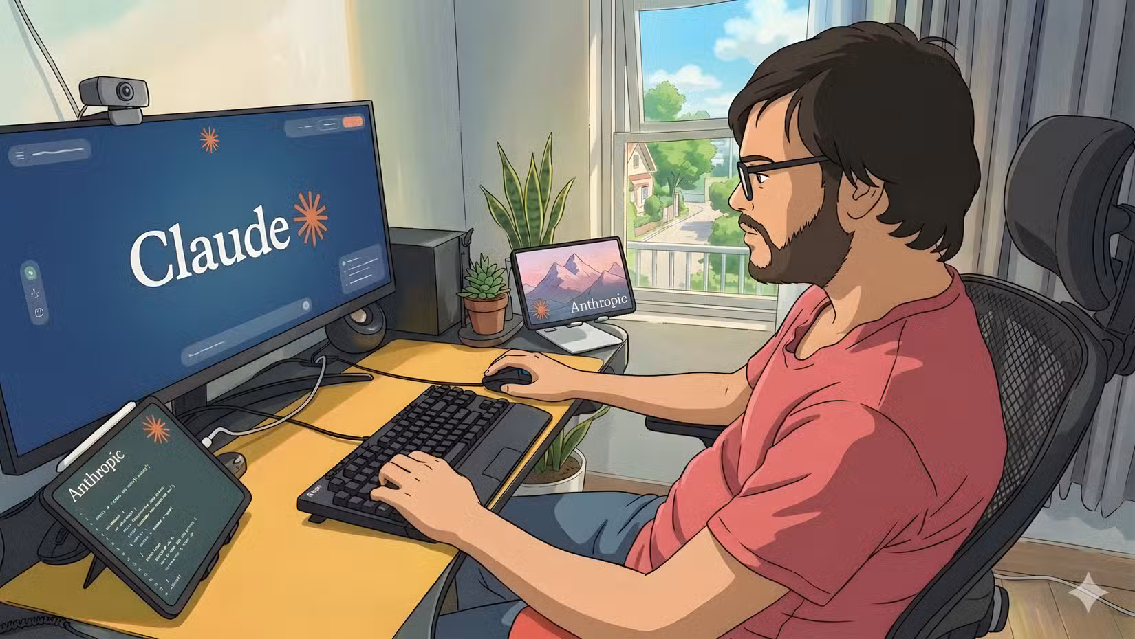 An AI generated image of a guy sitting in front of a computer working with Claude during the day.