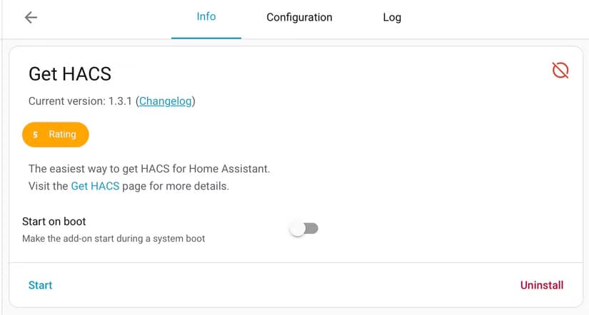 Click Start to start the Get HACS add-on.